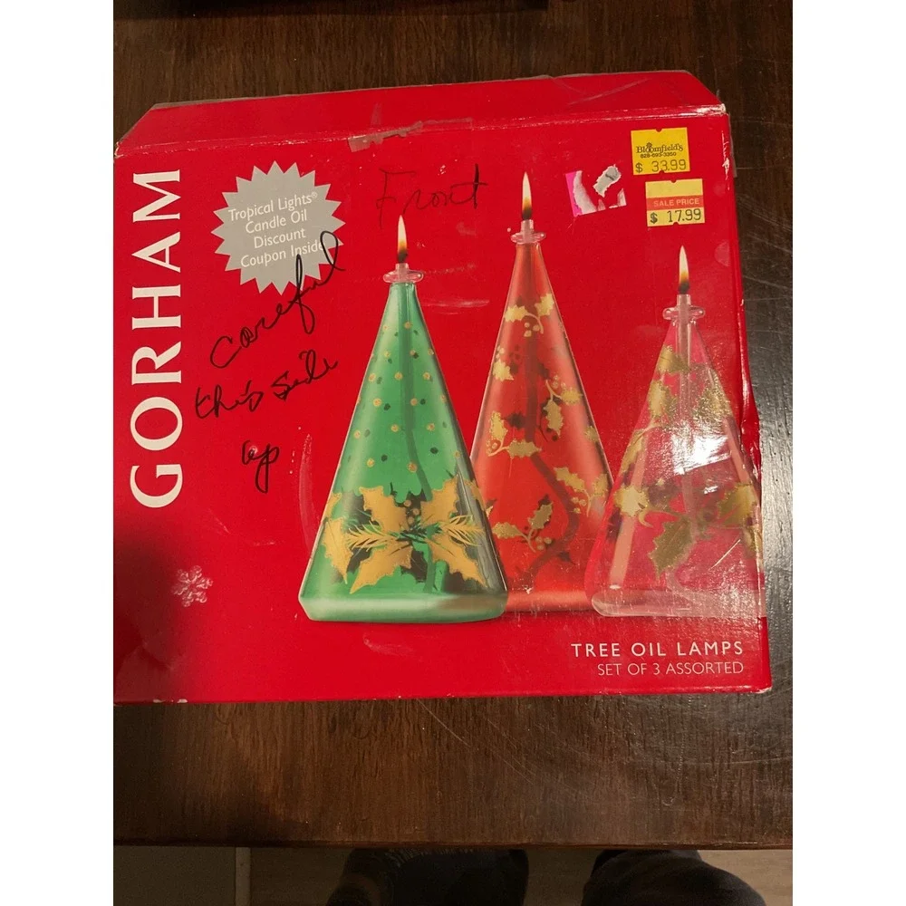 Gorham Tree‎ Oil Lamps Set of 3 Assorted Hand Painted Glass Christmas Holiday